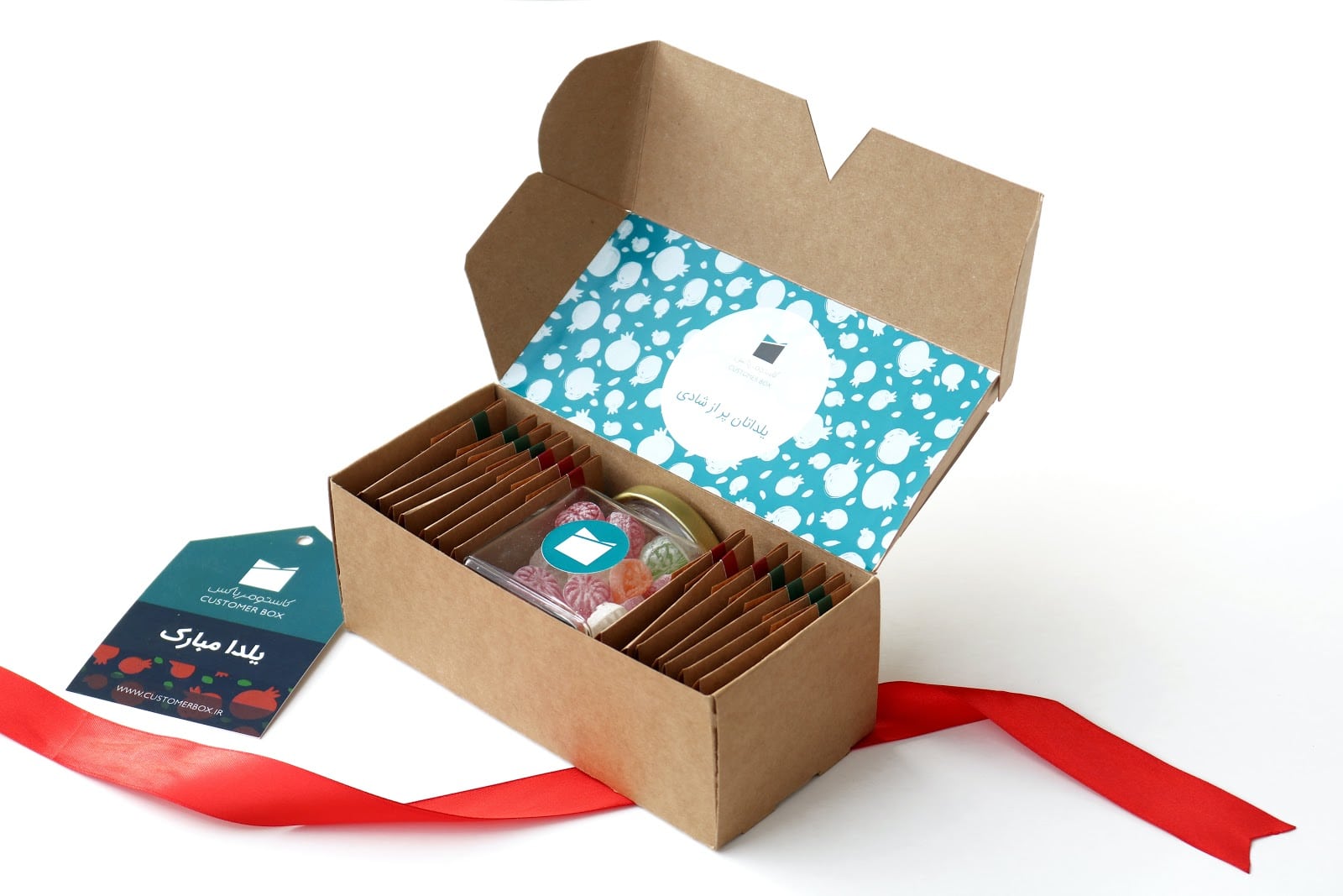 subscription box with candy and ribbon